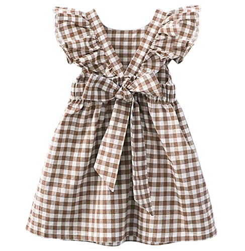 AGQT Kleinkind Mädchen Kariertes Kleid Gingham Rüschenärmel Rückenfrei Sommerkleider Frühling Gesmokt Geburtstag Khaki Größe 5-6Jahre von AGQT