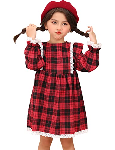 AGQT Kleinkind Mädchen Plaid Kleid Weihnachten Langarm Outfit Rüschen Front Xmas Flanell Büffel Plaid Kleider Gingham Vintage Spitze Winter Herbst Midi Kleid Rot&Schwarz Plaid Größe 6-12 Monate von AGQT