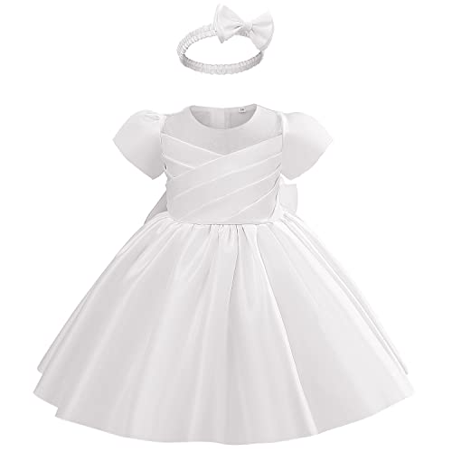 AGQT Taufkleid Baby Mädchen Kinder Kurzarm Bowknot Prinzessin Kleid Festliches Hochzeit Elegantes Geburtstag Party Kleid mit Stirnband Größe 3-4Jahre von AGQT