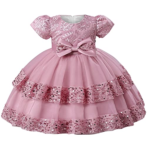 AGQT Kleinkind Mädchen Prinzessin Kleid Tutu Tüll Kleid Big Bowknot Stickerei Bubble Sleeve Pailletten Elegantes Kleid Geburtstags Taufkleid Bohnenpaste Pulver Größe 2-3 Jahre von AGQT