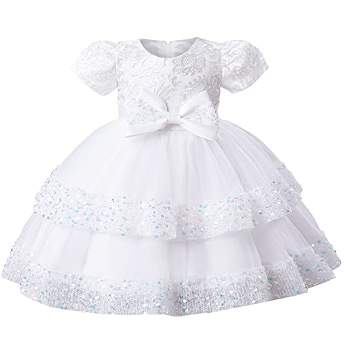 AGQT Kleinkind Mädchen Prinzessin Kleid Tutu Tüll Kleid Big Bowknot Stickerei Bubble Sleeve Pailletten Elegantes Kleid Geburtstags Taufkleid Weiß Größe 3-4 Jahre von AGQT