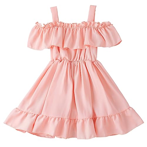 AGQT Kleinkind Mädchen Sommer Schulterfrei Chiffon Kleid Strandbekleidung Rüste Tunika Hellrosa Größ 3-4 Jahre von AGQT