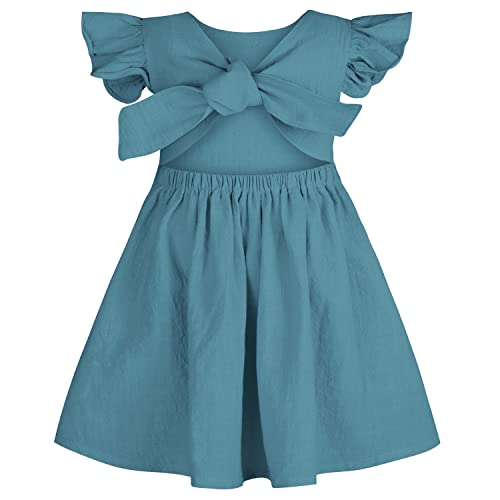 AGQT Kleinkind Mädchen Sommerkleid Bettwäsche aus Baumwolle Rüschen Halfter Ärmelloses Strandkleid Mit Bogen Sommer Strandpartykleider Pfauenblau Größ 3-4 Jahre von AGQT