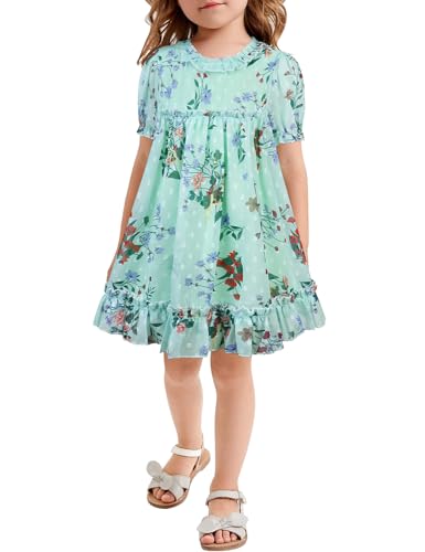 AGQT Kleinkind Mädchen Sommerkleid Puffärmel Blumenmädchen Kleid Festliches Kleid Mädche Hellgrüne Boden Saflor Kleine Violett Blüten Größe 4-5Jahre von AGQT