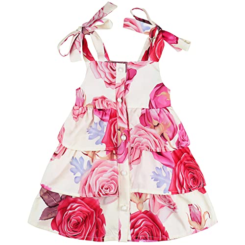 AGQT Kleinkind Mädchen Sommerkleid Schlinge Blumen Knöpfen Verstellbarer Träger Freizeit Strandkleid Festliches Kleid 3D Mehrfarbig Rose auf Weiß Größe 4-5T von AGQT