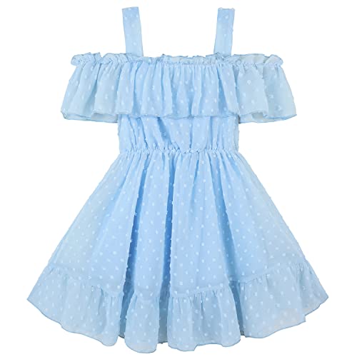 AGQT Kleinkind Mädchen Sommerkleid Schulterfrei Chiffon Kleid A-Linie Freizeitkleid Festlich Hochzeit Partykleid Wellenpunkt Hellblau Größ 2-3 Jahre von AGQT