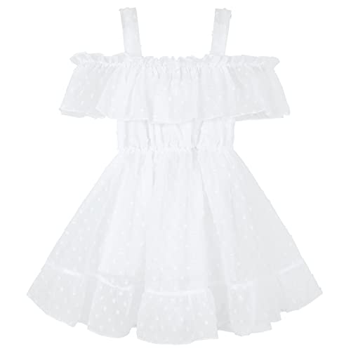 AGQT Kleinkind Mädchen Sommerkleid Schulterfrei Chiffon Kleid A-Linie Freizeitkleid Festlich Hochzeit Partykleid Wellenpunkt Weiß Größe 6-7 Jahre von AGQT