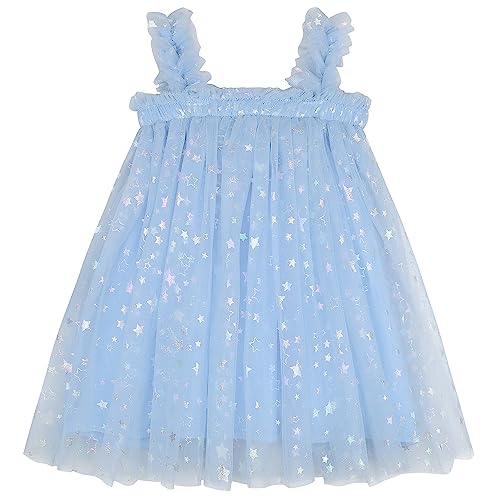 AGQT Kinder Kleider Mädchen Tüllkleid Ärmellos Prinzessin Tutu Kleid Festliche Hochzeits Geburtstag Partykleid Pailletten Hellblau-Leerer Einfarbiger Mehrfarbiger Stern Größe 2-3 Jahre von AGQT