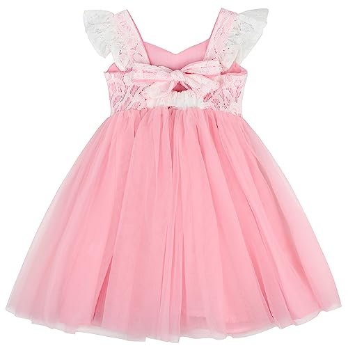 AGQT Kleinkind Mädchen Tüllkleid Rüschen Ärmel Sommer Blumenmädchenkleid Prinzessin Kleid Festlich Hochzeit Geburtstagfeier Taufkleid Creme Weiß+RosaGröße 3-4 Jahre von AGQT