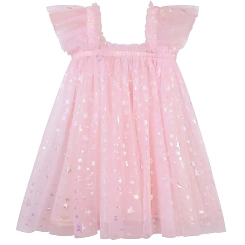 AGQT Kleinkind Mädchen Tutu Kleid Rüschen Ärmelloses Prinzessin Tüll Tutu Kleider Geburtstagsfeier Hochzeit Geschichtete Spitze Mini Schichten Kleid Leeres Herz Bunte Sterne Rosa Größe 4-5 Jahre von AGQT