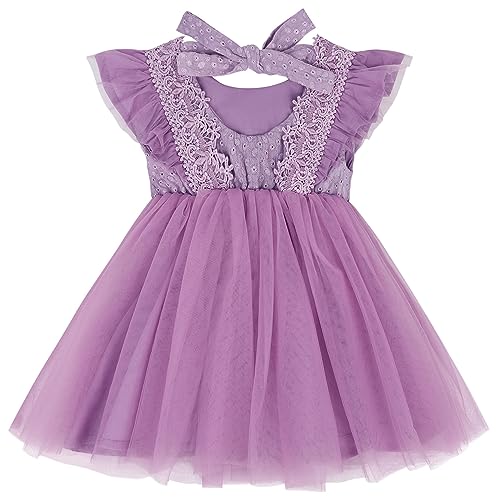 AGQT Kleinkind Mädchen Tutu Tüllkleid Rüschen Ärmel Sommer Blumenmädchen Prinzessin Kleid Festliche Hochzeit Taufe Kleid Dunkleviolet Größe 2-3 Jahre von AGQT