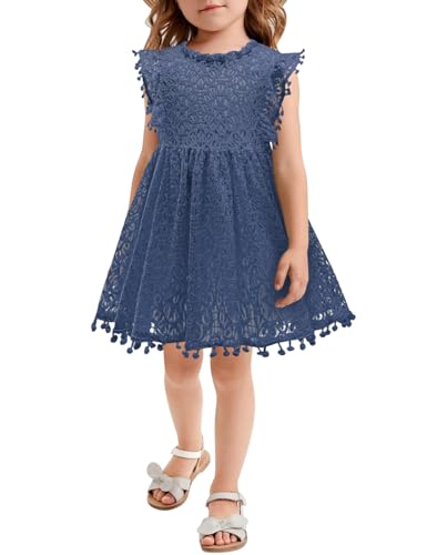 AGQT Mädchen Kleid Hohl Spitze Kleider Flaum Ruffle Ärmel Blumenmädchen Prinzessin Sommerkleid für Kleinkind Kinder Dunkelblau 5-6 Jahre von AGQT