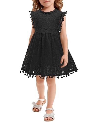 AGQT Mädchen Kleid Hohl Spitze Kleider Flaum Ruffle Ärmel Blumenmädchen Prinzessin Sommerkleid für Kleinkind Kinder Schwarz 2-3 Jahre von AGQT