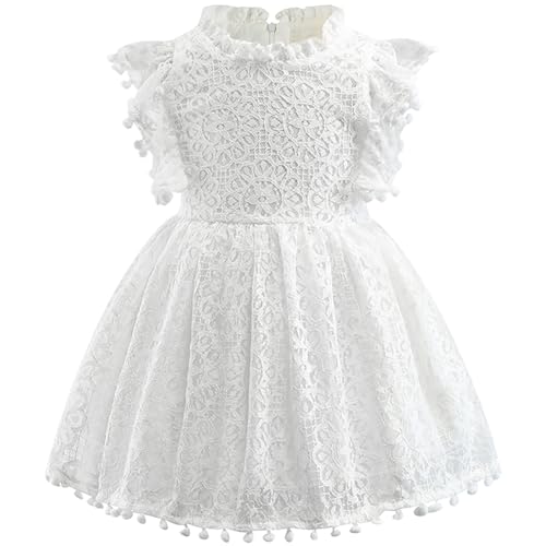 AGQT Mädchen Kleid Hohl Spitze Kleider Flaum Ruffle Ärmel Blumenmädchen Prinzessin Sommerkleid für Kleinkind Kinder Weiß 4-5 Jahre von AGQT