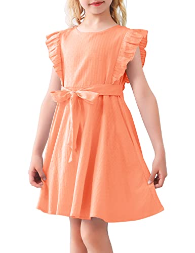 AGQT Mädchen Kleid Rüschenarm Sommer A-Linie Freizeit Kleid Prinzessin Kleider ärmellos Skaterkleid Hellorange 11-12Jahre von AGQT