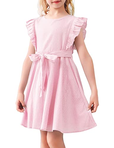 AGQT Mädchen Kleid Rüschenarm Sommer A-Linie Freizeit Kleid Prinzessin Kleider ärmellos Skaterkleid Rosa 11-12Jahre von AGQT