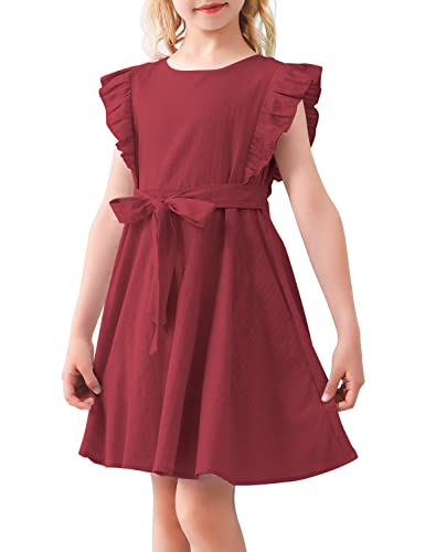 AGQT Mädchen Weihnachtskleid Rüschenarm Sommer A-Linie Freizeit Kleid Prinzessin Kleider ärmellos Skaterkleid Rotwein 13-14Jahre von AGQT