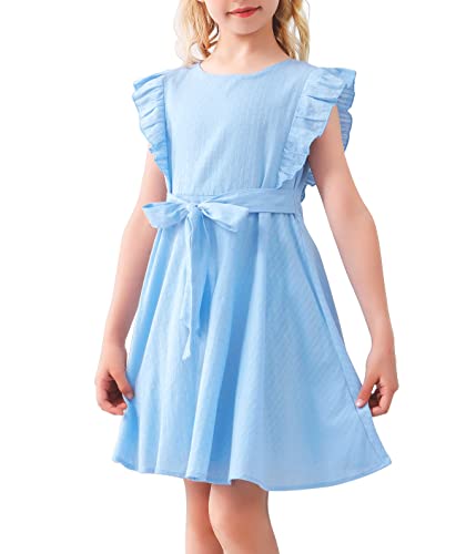 AGQT Mädchen Kleider Casual Rüschenarm Sommer A-Linie Elegant Kleid Prinzessin Freizeitkleid mit Gürte Blau 6-7Jahre von AGQT