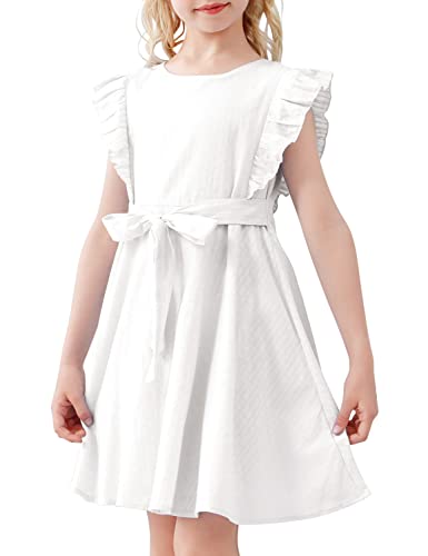 AGQT Mädchen Kleider Casual Rüschenarm Sommer A-Linie Elegant Kleid Prinzessin Freizeitkleid mit Gürte Weiß 6-7Jahre von AGQT