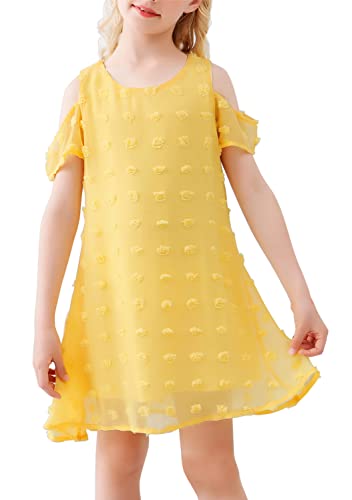 AGQT Mädchen Kleider Kurzarm Sommerkleid Kalte Schulter Swiss Dots Casual A-Linie Kleid Rundhals Freizeitkleidung Gelb 4-5T von AGQT