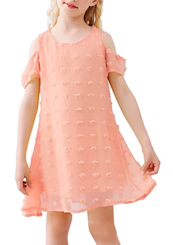 AGQT Mädchen Kleider Kurzarm Sommerkleid Kalte Schulter Swiss Dots Casual A-Linie Kleid Rundhals Freizeitkleidung Rosa 13-14T von AGQT