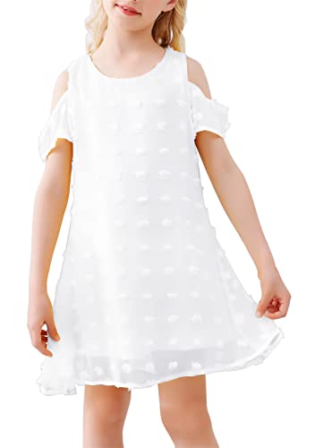 AGQT Mädchen Kleider Kurzarm Sommerkleid Kalte Schulter Swiss Dots Casual A-Linie Kleid Rundhals Freizeitkleidung Weiß 13-14T von AGQT
