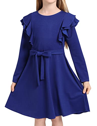 AGQT Kinder Mädchen Langarm A-Linie Elegant Kleid Herbst und Winter Freizeit Kleid blau Größe 4-5Jahre von AGQT