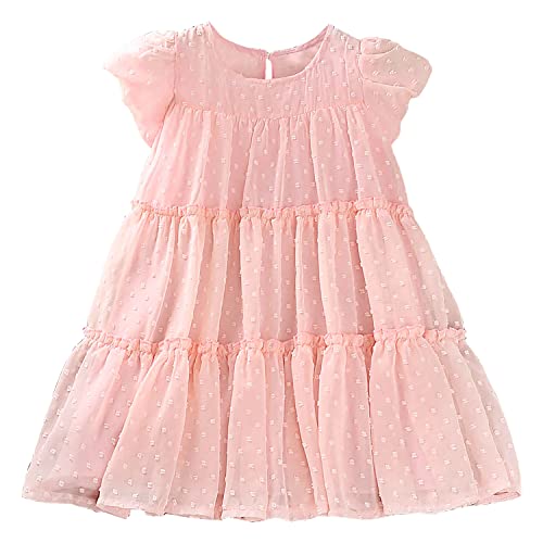 AGQT Kleid Mädchen Prinzessin Kostüm Mädchen Blumenmädchenkleider Sommer Rüschen Kurzarm Swiss Dots Freizeit Festliches Partykleid Rosa 4-5 Jahre von AGQT