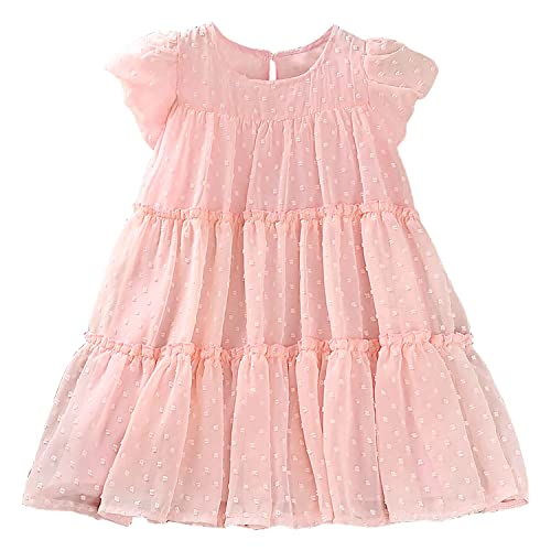 AGQT Kleid Mädchen Prinzessin Kostüm Mädchen Blumenmädchenkleider Sommer Rüschen Kurzarm Swiss Dots Freizeit Festliches Partykleid Rosa 4-5 Jahre von AGQT
