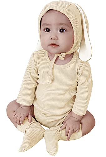 AGQT Neugeborenes Baby Ostern Strampler Kostüme Ostern Hasen Outfit Overall Herbst Winter Jumpsuit Kapuzenpullover Für Jungen Mädchen 3 Stück Cremeweiß 0-6 Monate(66) von AGQT