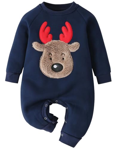 AGQT Neugeborenes Baby Mädchen Jungen Weihnachten Strampler Rentier Print Herbst Winter Langarm Overall Weihnachten Kleidung Outfit Dunkelblau 6-9 Monate von AGQT