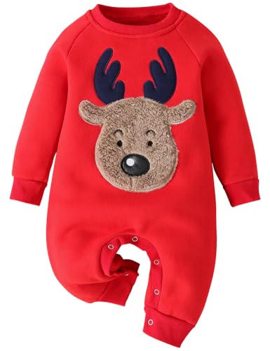 AGQT Neugeborenes Baby Mädchen Jungen Weihnachten Strampler Rentier Print Herbst Winter Langarm Overall Weihnachten Kleidung Outfit Rot 3-6 Monate von AGQT