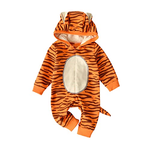 AGQT Neugeborenes Baby Tiger Kostüm Faschingskostüme kinder Tier Kleidung Einteiliger Strampler mit Kapuze Karneval Verkleidung Cosplay(Orange,0-6 Monate) von AGQT