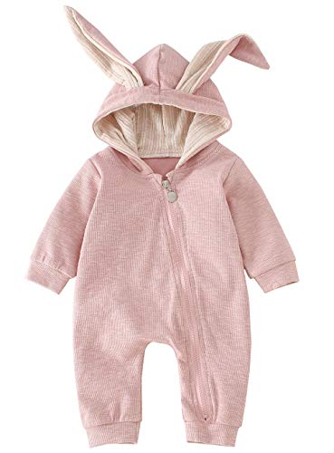 AGQT Neugeborenes Ostern Hasen Kostüm Baby Strampler,Ostern Outfit Overall Baby Winter Kapuzenpullover Wärmer Schneeanzug 3D Niedlich Ostern Hasenohr Jumpsuit Für Jungen Mädchen Rosa 0-3 Monate von AGQT