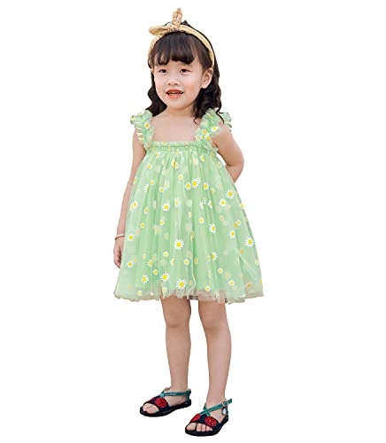 AGQT Baby Mädchen Tüll Kleid,Kinder Partykleid Ärmelloses Tutu Geburtstag Kleid Grün Gänseblümchen-Spitze Blumenmädchen Kleid,Größe 3-4 Jahr von AGQT