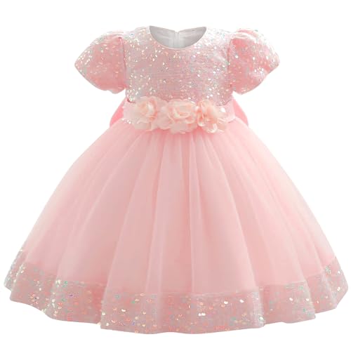 AGQT Prinzessin Kleid Mädchen Baby Blumenmädchenkleider Kleinkind Pailletten Tütü Tüllkleid Bowknot Festliches Geburtstag Elegantes Taufkleid Rosa Größe 18-24Monate von AGQT