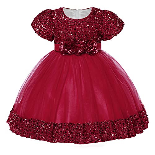 AGQT Prinzessin Kleid Mädchen Baby Blumenmädchenkleider Kleinkind Pailletten Tütü Tüllkleid Bowknot Festliches Geburtstag Elegantes Taufkleid Rotwein Größe 12-18Monate von AGQT