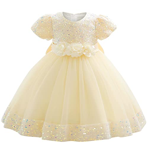 AGQT Prinzessin Kleid Mädchen Baby Blumenmädchenkleider Kleinkind Pailletten Tütü Tüllkleid Bowknot Festliches Geburtstag Elegantes Taufkleid Sekt Größe 12-18Monate von AGQT