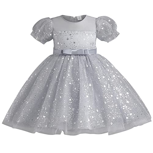 AGQT Prinzessin Kleid Mädchen Blumenmädche Kleid Tütü Tüllkleid Kurzarm Paillettenstar Print Geburtstag Party Kleid Grau Größe 3-4 Jahre von AGQT