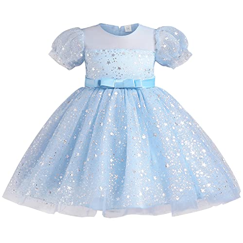 AGQT Prinzessin Kleid Mädchen Blumenmädche Kleid Tütü Tüllkleid Kurzarm Paillettenstar Print Geburtstag Party Kleid Himmelblau Größe 3-4 Jahre von AGQT