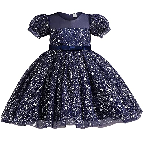 AGQT Prinzessin Kleid Mädchen Blumenmädche Kleid Tütü Tüllkleid Kurzarm Paillettenstar Print Geburtstag Party Kleid Saphir Größe 4-5 Jahre von AGQT