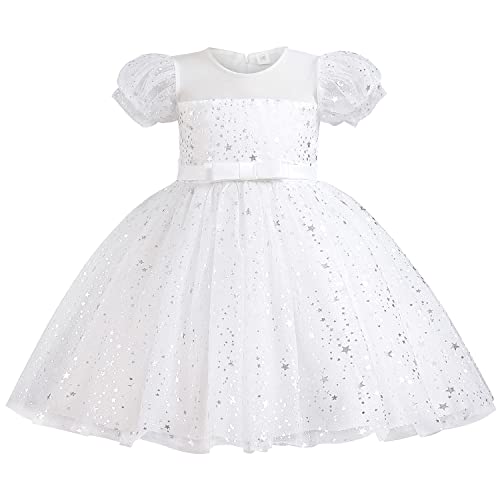 AGQT Prinzessin Kleid Mädchen Blumenmädche Kleid Tütü Tüllkleid Kurzarm Paillettenstar Print Geburtstag Party Kleid Weiß Größe 3-4 Jahre von AGQT