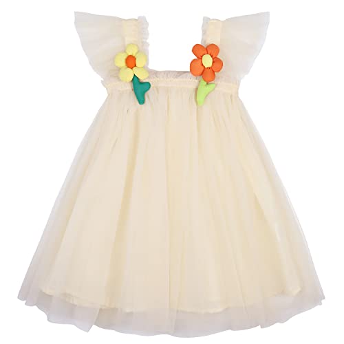 AGQT Tüllkleid für Mädchen Sommerkleid Tüll Kleid mit Karikatur Blume Strandkleider Festlich Hochzeit Geburtstag Taufkleid Aprikose Größe 2-3 Jahre von AGQT