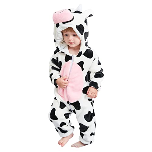 AGQT Unisex Baby Kuh Kostüm Karneval Tier Kostüm Winter Herbst Schlafanzug Kapuze Kleidung EIN Stück Strampler Fasching Jumpsuit Größe 24-30 Monate von AGQT