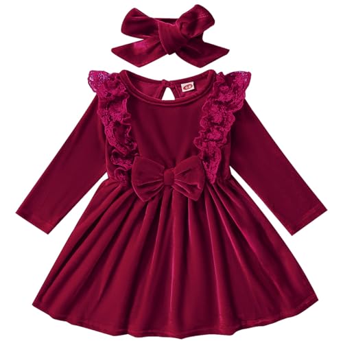 AGQT Weihnachtskleid Baby Mädchen Weihnachten Kleid Langarm Spitze A Line Prinzessin Samtkleid + Stirnband Outfits Hochzeit Festliches Herbst Winter Kleidung 18-24 Monate von AGQT