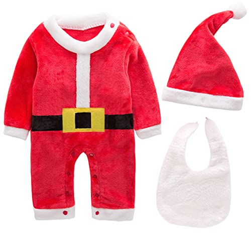 AGQT Weihnachtsmann Outfit für Neugeborene Baby Jungen Mädchen Weihnachts Strampler,Erstes Weihnachten Weihnachtsmann Kostüm 3-teilig Baby Strampler Outfit Schnurrbart und Mütze Rot Größe 3–6 Monate von AGQT