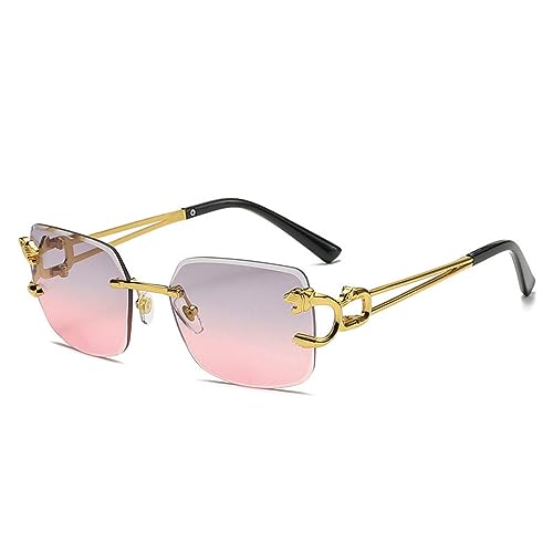 AGRIEVE Quadratische, randlose Sonnenbrille für Damen, Retro-Gepardenkopf-Dekoration für Herren, Sommerparty, Ausfall, UV400, C04 Gold, Grau, Pink, Einheitsgröße von AGRIEVE