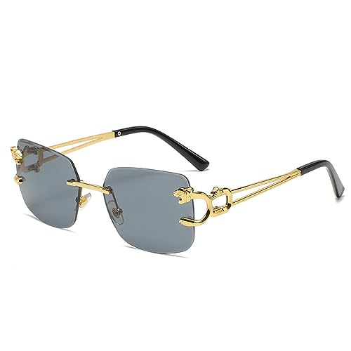 AGRIEVE Quadratische, randlose Sonnenbrille für Damen, Retro-Gepardenkopf-Dekoration für Herren, Sommerparty, Ausfall, UV400, C07 Gold Schwarz, Einheitsgröße von AGRIEVE