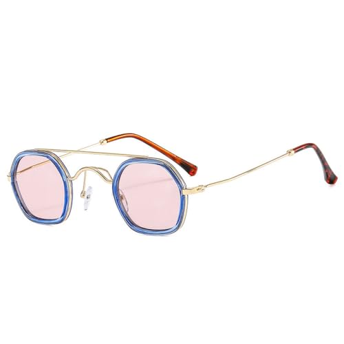 AGRIEVE Retro-Sonnenbrille mit Doppelsteg, quadratisch, Polygon, für Damen, modisch, klare Gläser mit Farbverlauf, UV400, Punk-Sonnenbrille für Herren, Blau, Champagner, Einheitsgröße von AGRIEVE