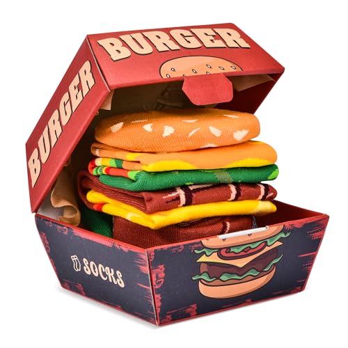 Lustige Burger Socken Box Herren Papa Jungen - Hamburger Geschenke für Männer Teenager ihn Opa Witzige Coole Socken mit Motiv - Geschenkideen Ostern Weihnachten Geburtstags Geschenk Vatertag - 2 Paar von AGRIMONY